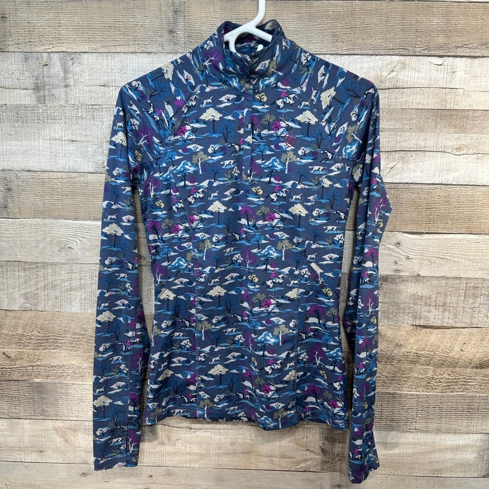 AriatTek Cold Series 14 Zip Long Sleeve‎ Top Women Small Horse Riding Print Blue